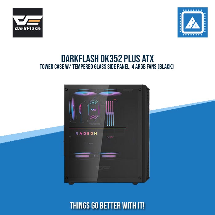 DARKFLASH DK352 PLUS ATX TOWER CASE W/ TEMPERED GLASS SIDE PANEL, 4 ARGB FANS (BLACK) DARKFLASH DK352 PLUS ATX TOWER CASE W/ TEMPERED GLASS SIDE PANEL, 4 ARGB FANS (BLACK)